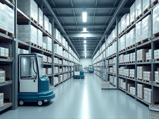 A pristine, highly organized medical logistics warehouse with advanced robotics.
