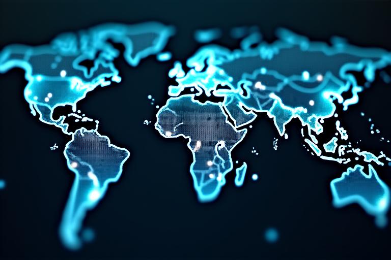 A stylized world map with glowing points indicating global cybersecurity threat activity.